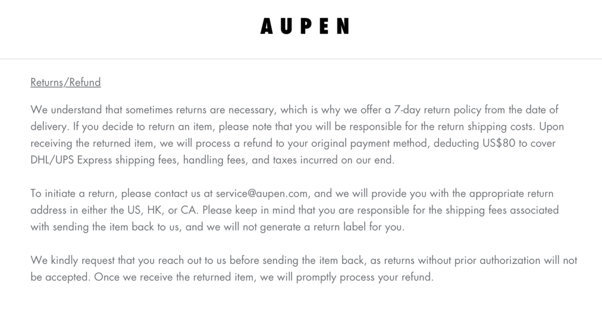 AUPEN return policy