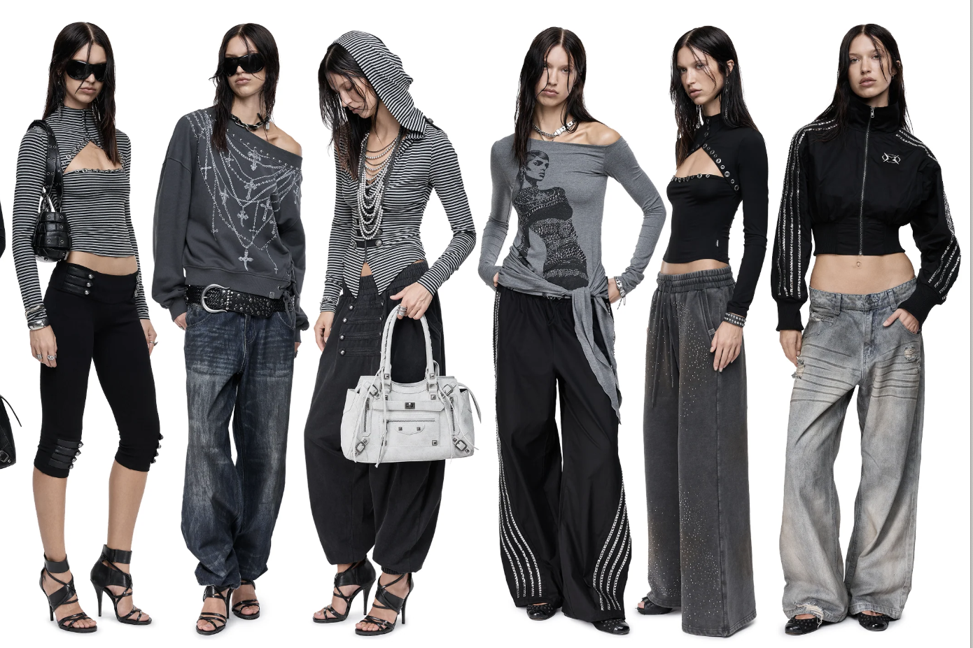 Six Acubi-inspired outfits in black and grey with layered tops, relaxed denim and silver accessories