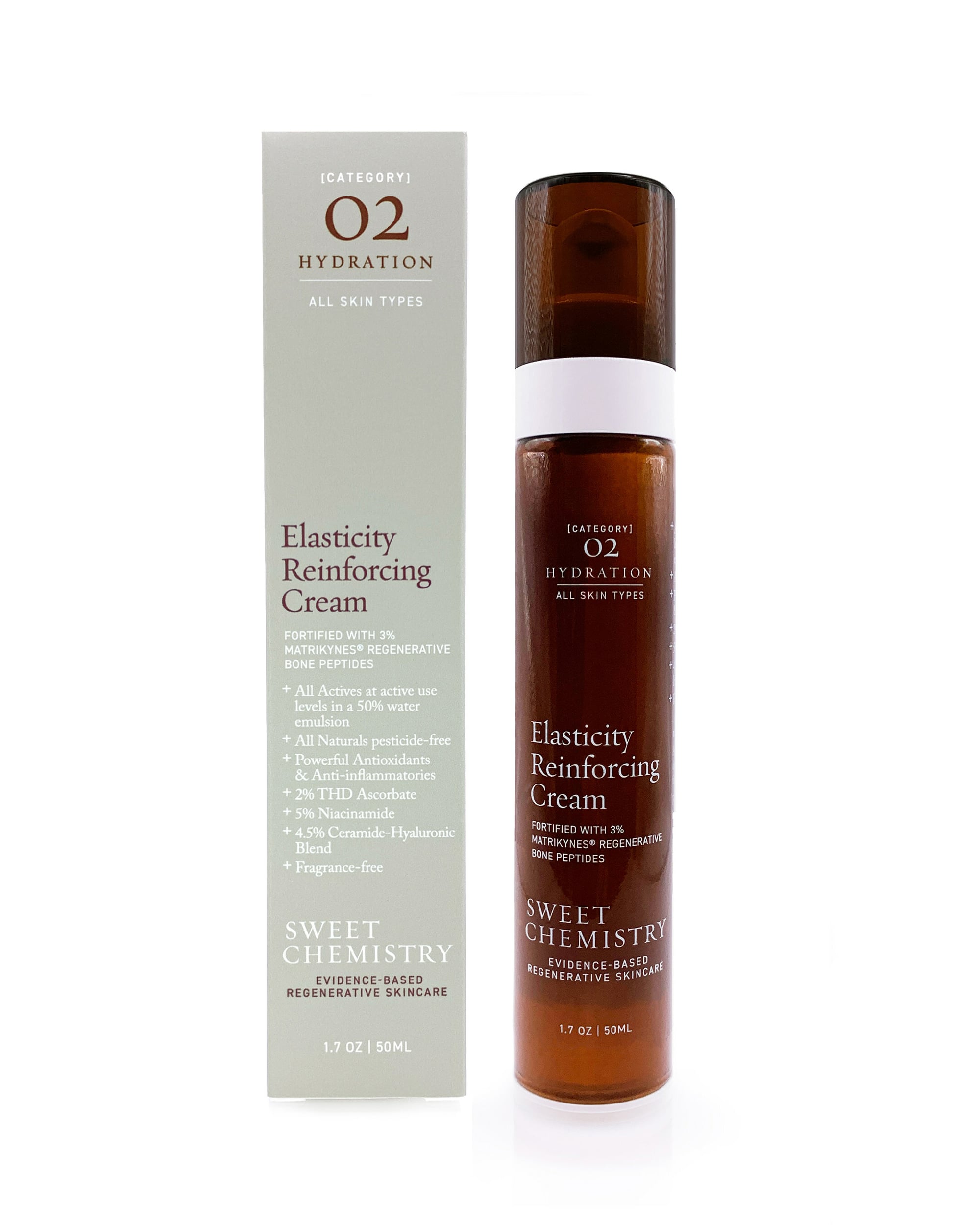 Sweet Chemistry's Elasticity Reinforcing Cream is an active-enriched, lightweight yet deeply hydrating moisturizer, fortified with Xylyx Bio's Matrikynes® Regenerative Bone