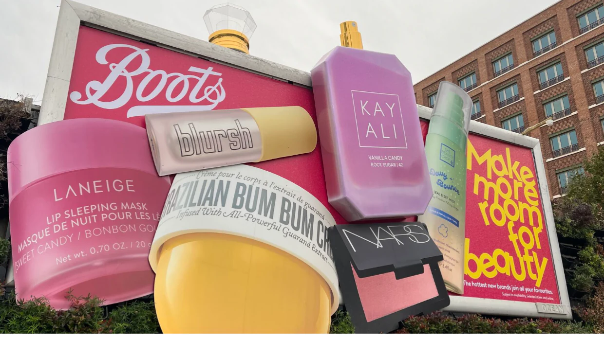 Boots oversized beauty products at a Westfield OOH installation.