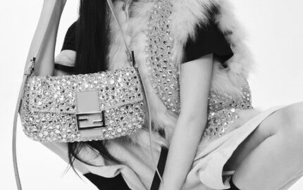 Fendi Baguette Re-Edition bag in embellished leather, part of the Fall/Winter 2026-27 campaign