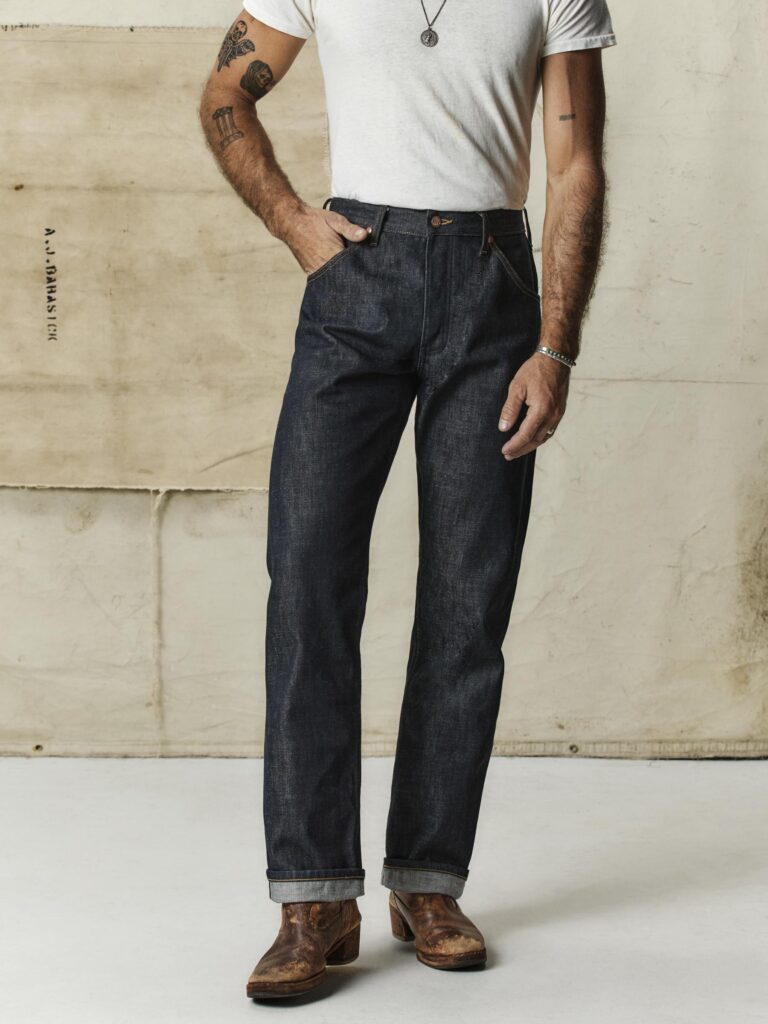 Model wearing the Wrangler × imogene + willie 10MW selvedge jean