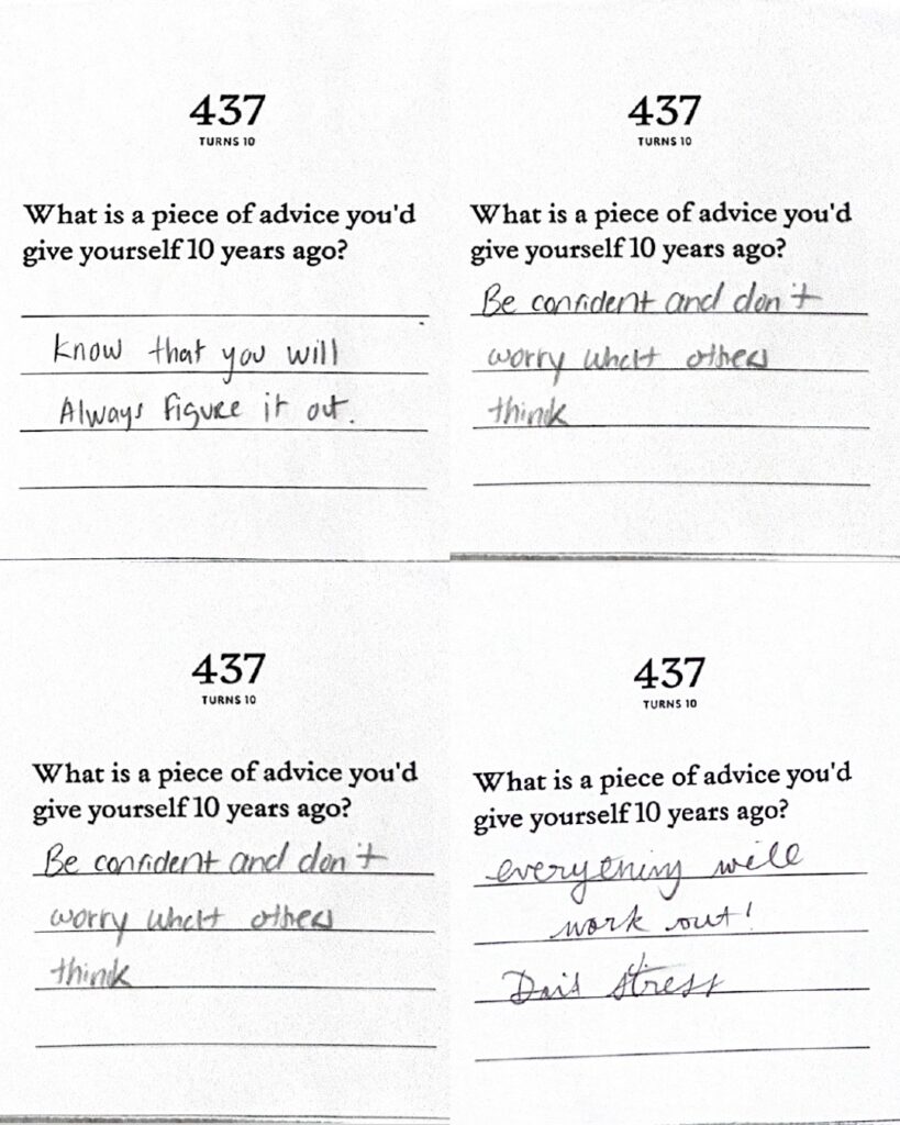 Handwritten community reflections collected during 437's 10th-anniversary event