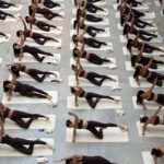Overhead view of attendees during 437's 10th-anniversary Pilates class at the Art Gallery of Ontario