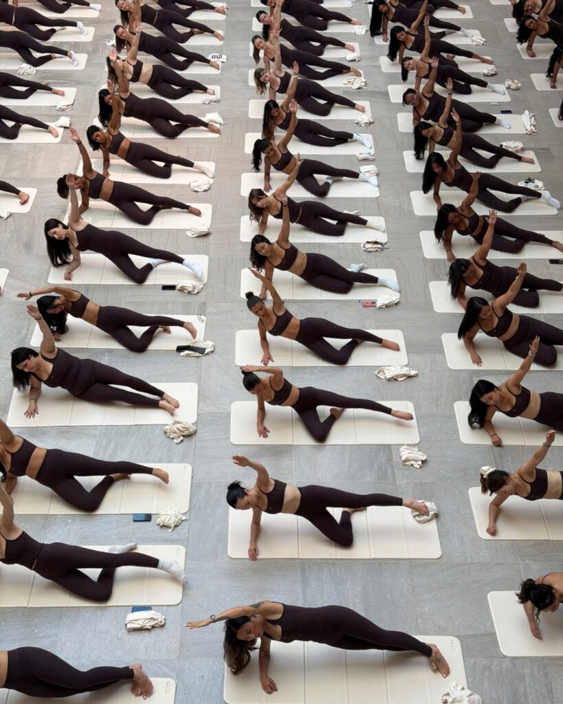Overhead view of attendees during 437's 10th-anniversary Pilates class at the Art Gallery of Ontario