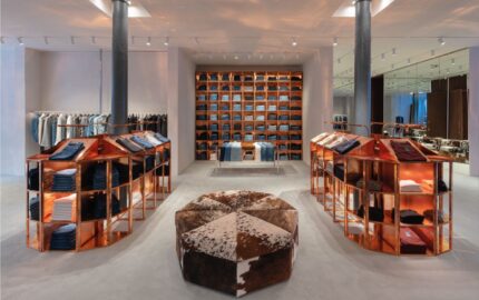 Interior of the reopened 7 For All Mankind SoHo flagship, view 1