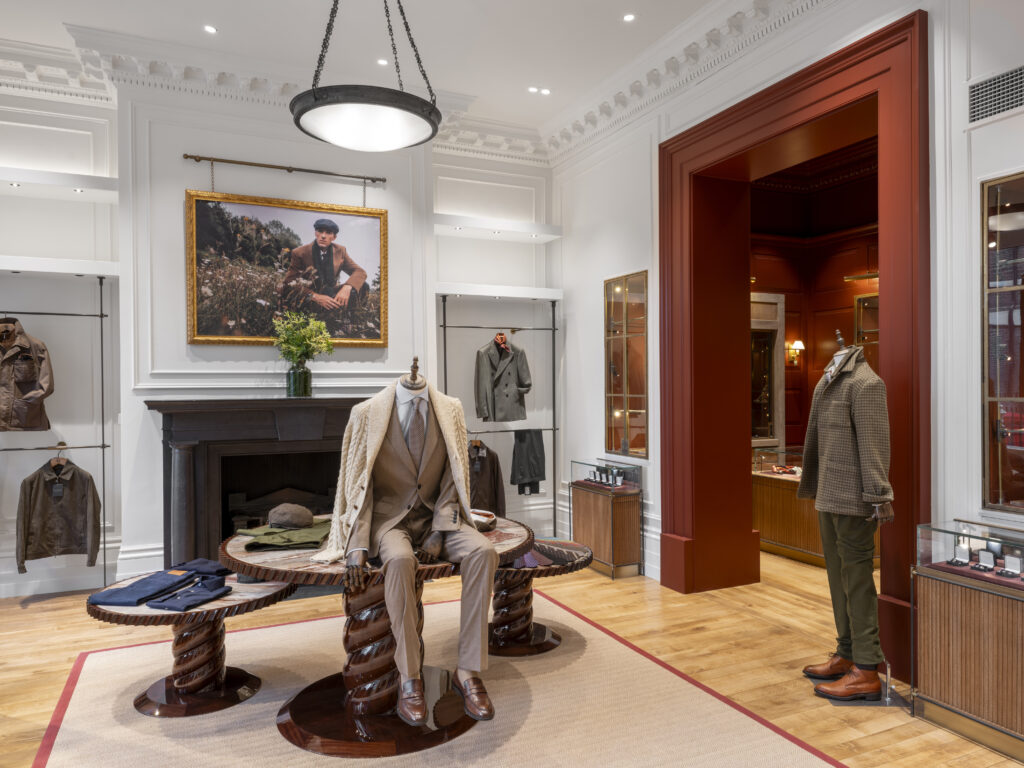 Interior and exterior photography of the newly refitted Gieves & Hawkes flagship store at No.1 Savile Row, London. The historic British tailoring house has transformed its iconic