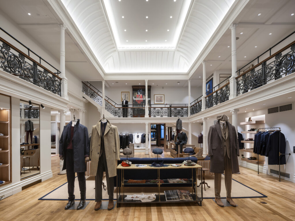 Interior and exterior photography of the newly refitted Gieves & Hawkes flagship store at No.1 Savile Row, London. The historic British tailoring house has transformed its iconic
