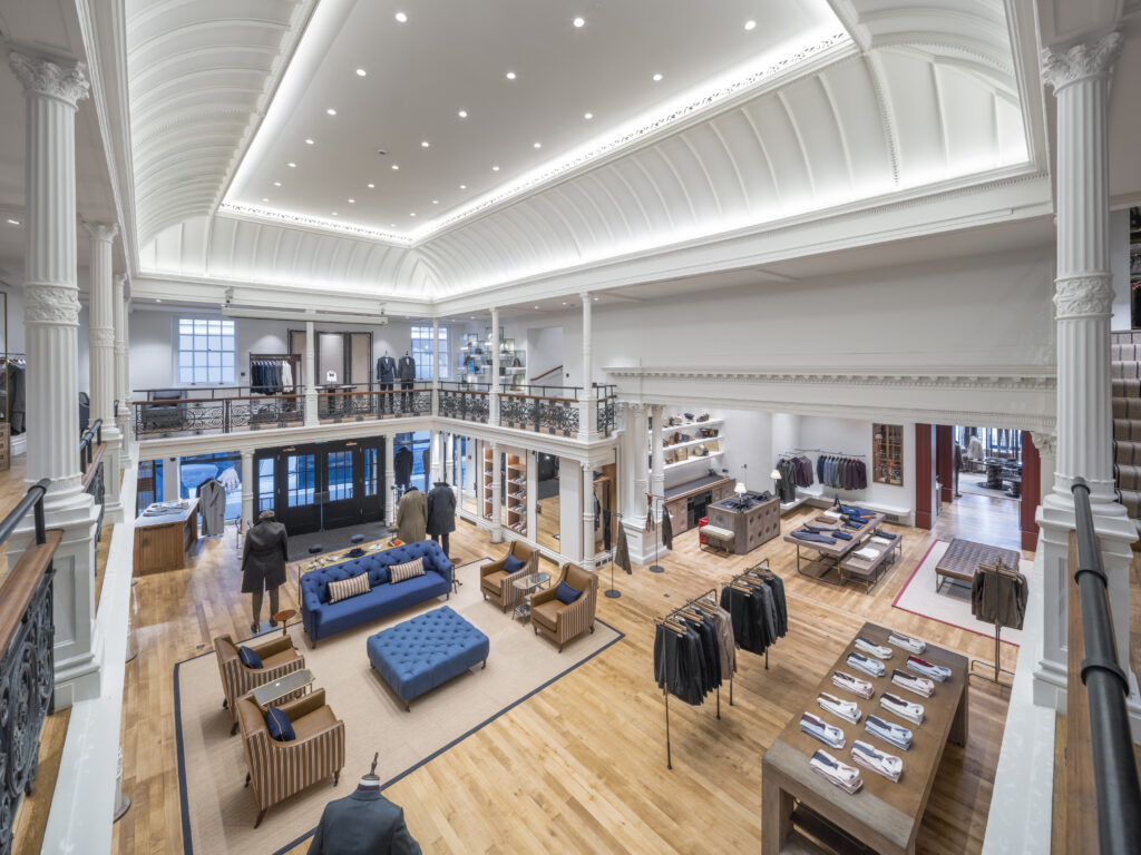 Interior and exterior photography of the newly refitted Gieves & Hawkes flagship store at No.1 Savile Row, London. The historic British tailoring house has transformed its iconic