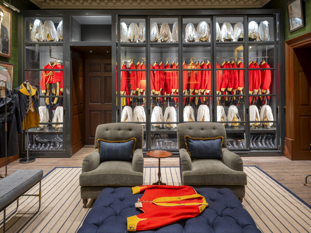 Interior and exterior photography of the newly refitted Gieves & Hawkes flagship store at No.1 Savile Row, London. The historic British tailoring house has transformed its iconic