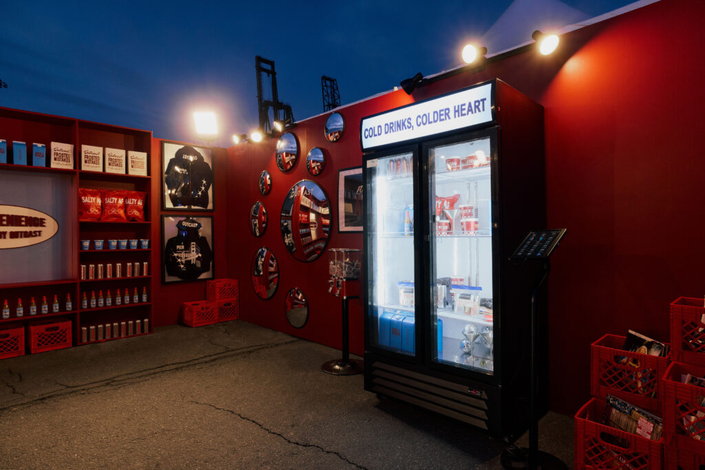 Hero Shot Interior Fridge Side night shot at Outcast Clothing’s Portola Festival pop-up