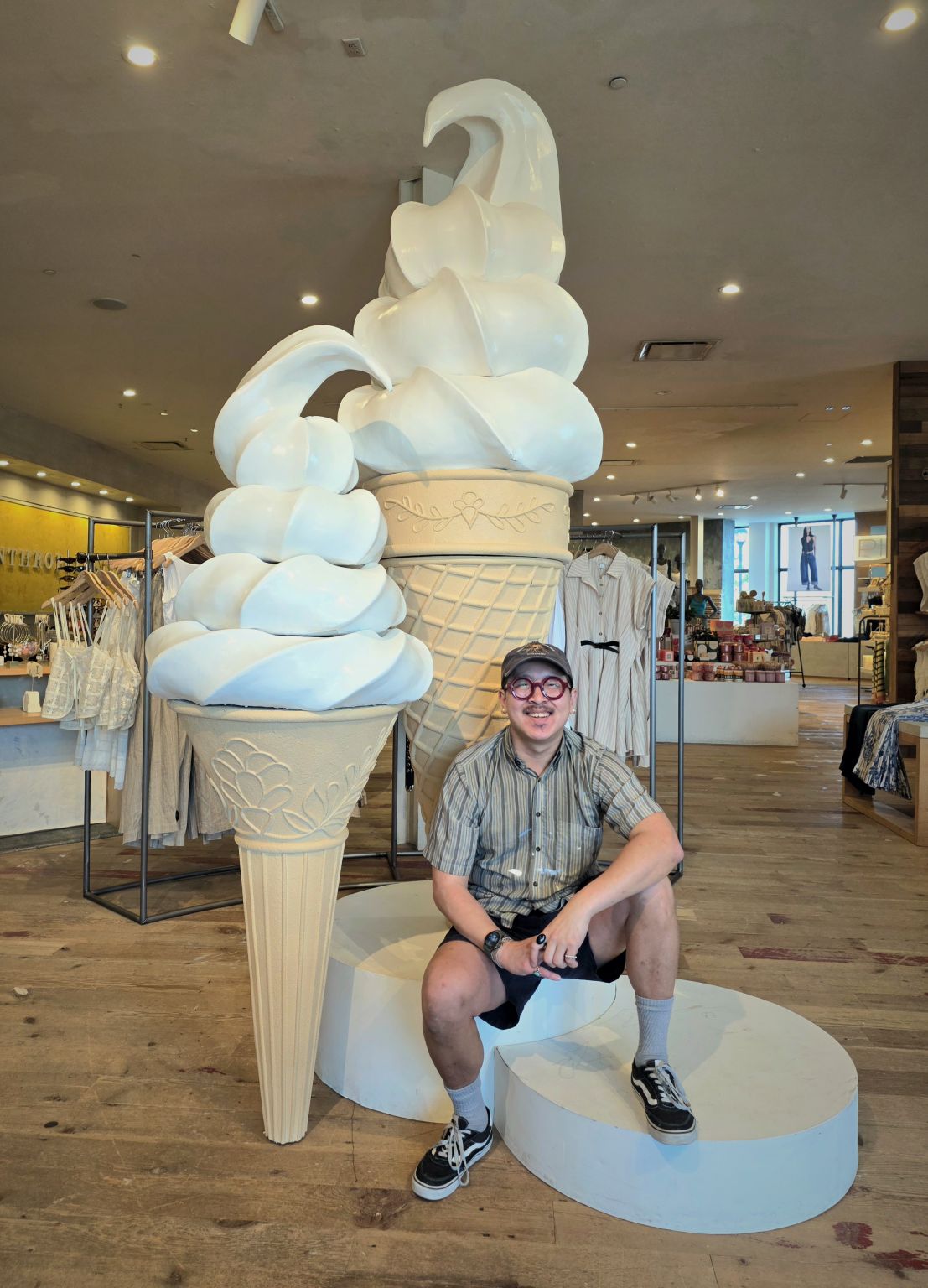 Oversized ice-cream-cone sculptures in an Anthropologie store display