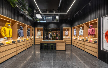 Outerwear displays inside Arc’teryx’s Montréal Alpha Store.