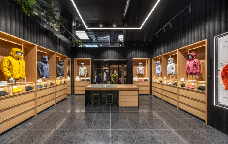 Outerwear displays inside Arc’teryx’s Montréal Alpha Store.
