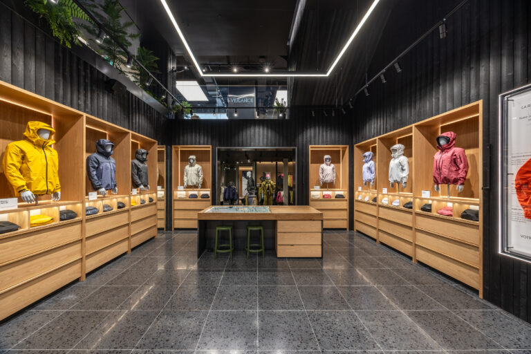 Outerwear displays inside Arc’teryx’s Montréal Alpha Store.