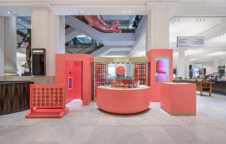 Pink Armani Beauty Dolci Blush takeover with product counter and interactive stations at Selfridges London