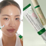 AXIS-Y brand imagery showing a model applying skincare alongside serum packaging.