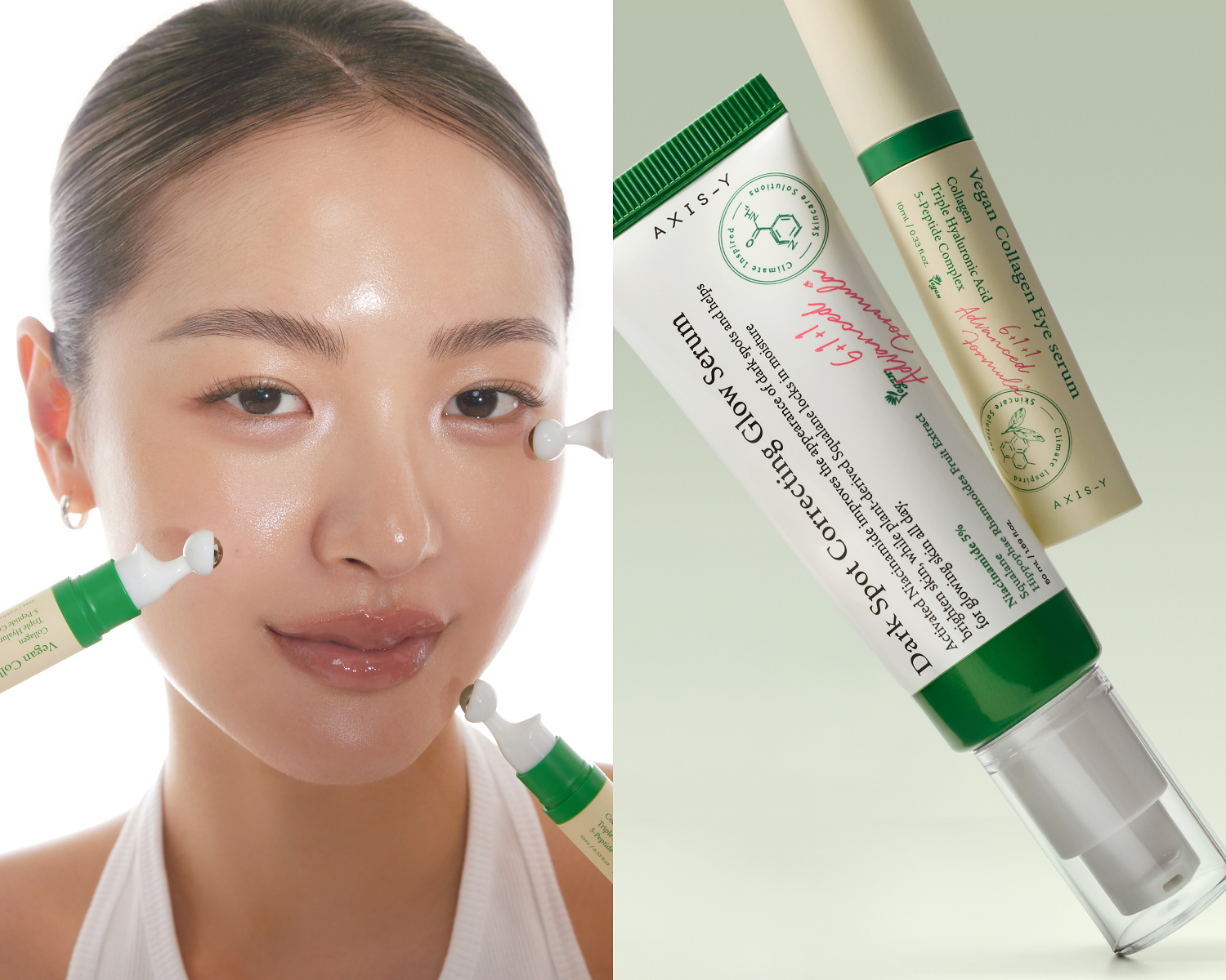 AXIS-Y brand imagery showing a model applying skincare alongside serum packaging.
