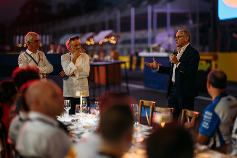 From left: Paolo Barilla, Massimo Bottura and Stefano Domenicali at La Tavolata on the Monza circuit.