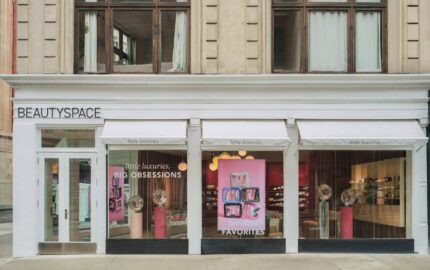 BEAUTYSPACE Little Luxuries storefront with white awnings and pink beauty displays in Union Square