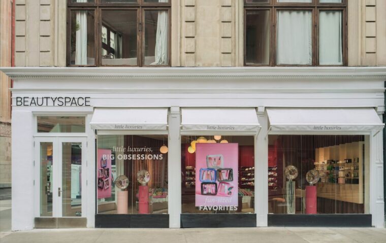 BEAUTYSPACE Little Luxuries storefront with white awnings and pink beauty displays in Union Square
