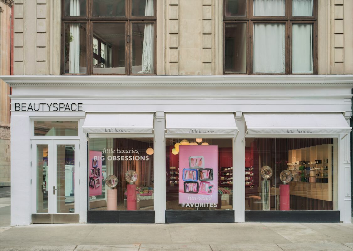 BEAUTYSPACE Little Luxuries storefront with white awnings and pink beauty displays in Union Square
