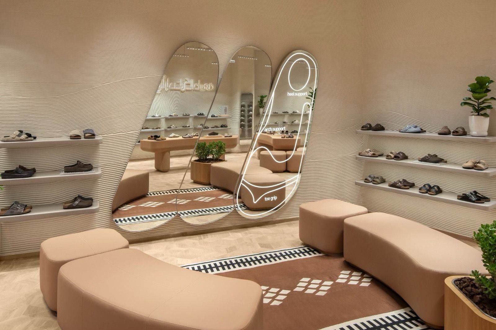 Dhow sail-inspired mirrors inside Birkenstock’s Mall of the Emirates store
