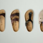 Four classic Birkenstock sandals photographed from above, showing their contoured footbeds
