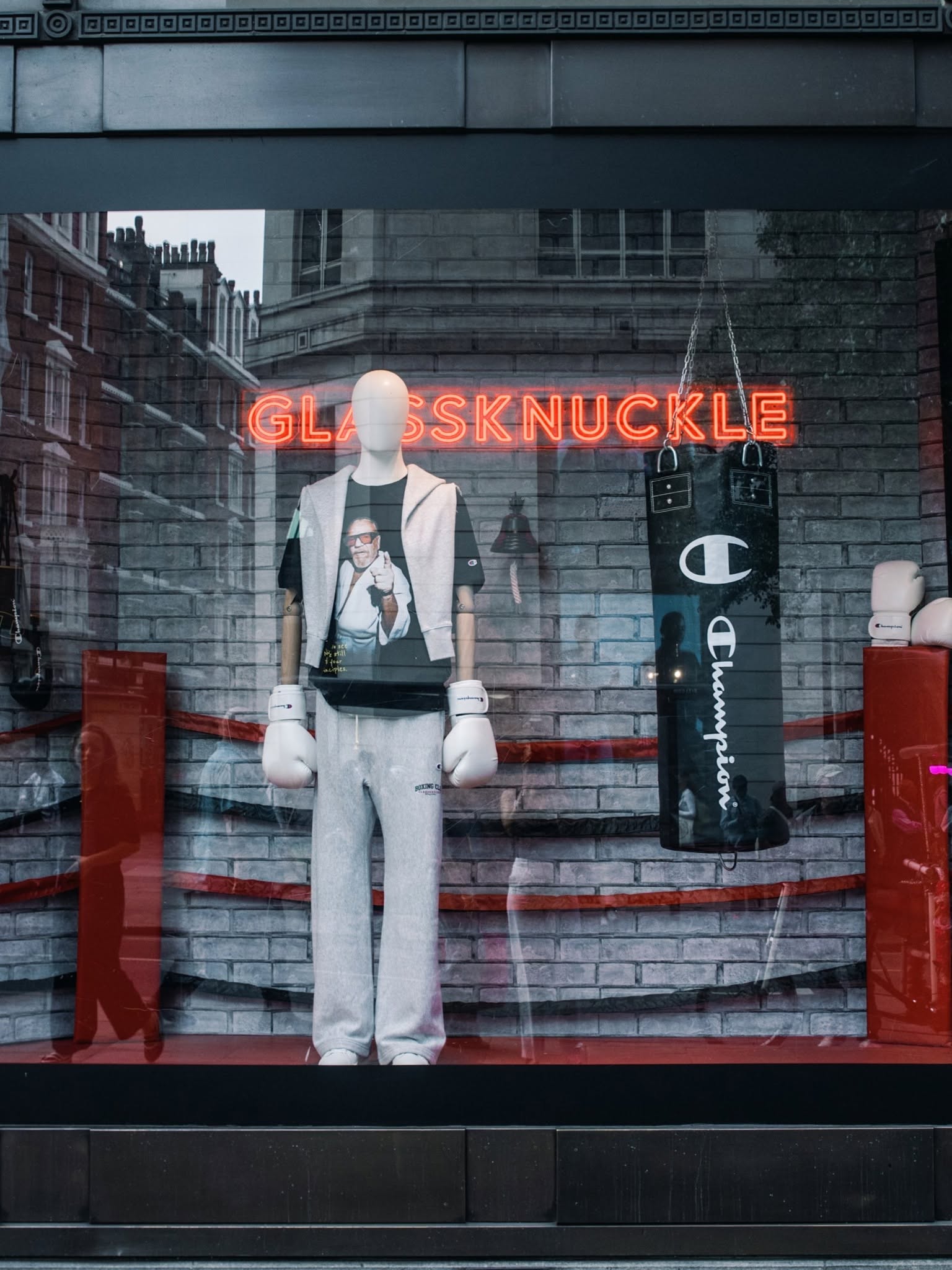 Champion's Glassknuckle boxing-themed window display at Selfridges.
