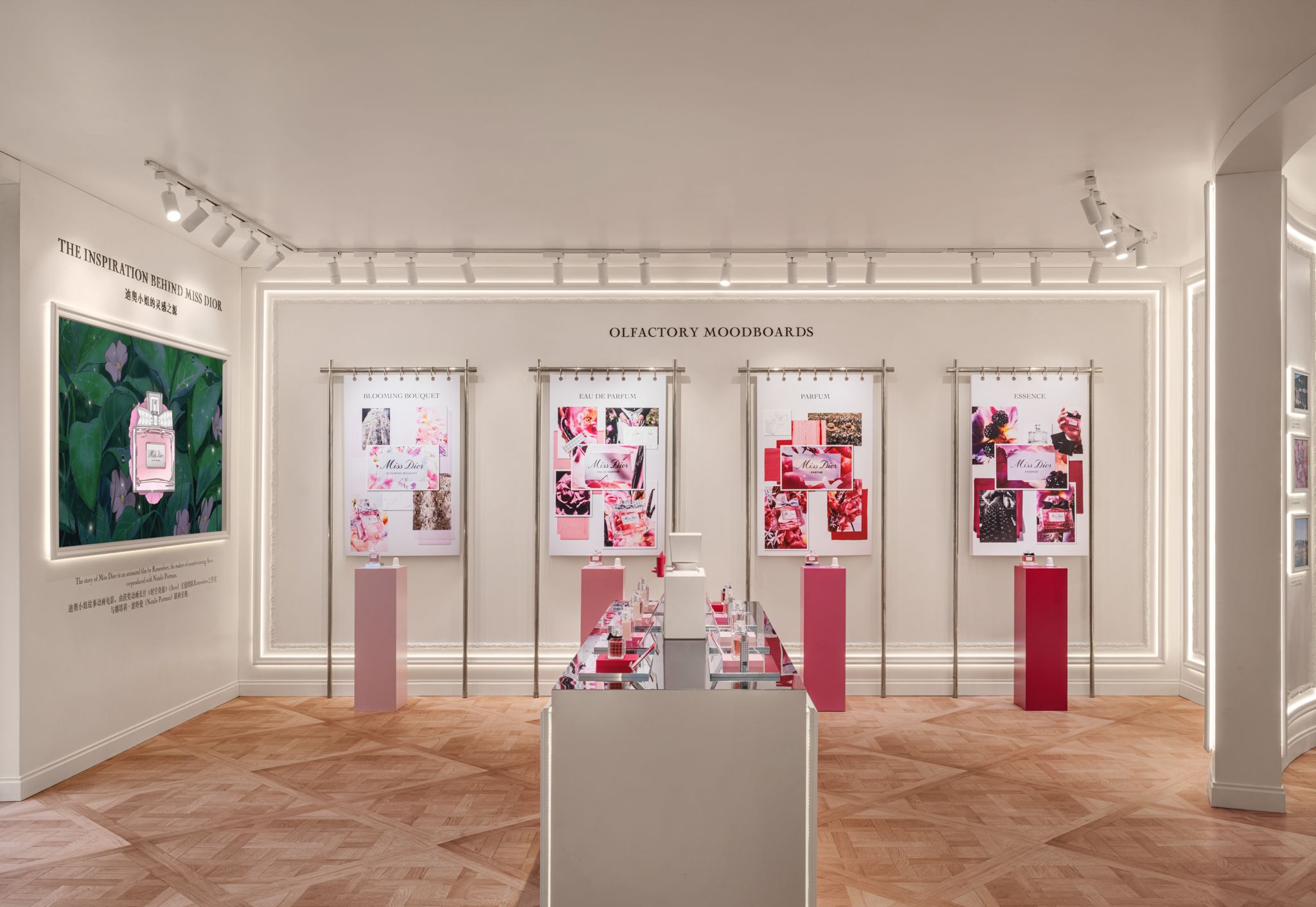 Miss Dior fragrance moodboards and product displays inside a pop-up