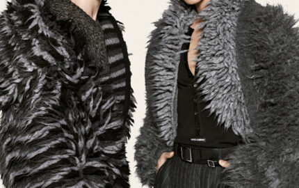 Two models in textured outerwear in Dolce & Gabbana’s Fall Winter 2026 men’s campaign