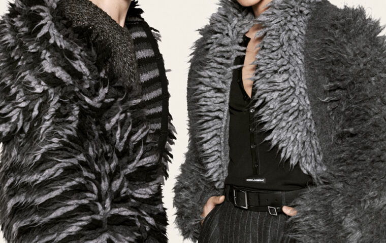 Two models in textured outerwear in Dolce & Gabbana’s Fall Winter 2026 men’s campaign
