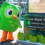 Duolingo mascot at the Canal Street activation
