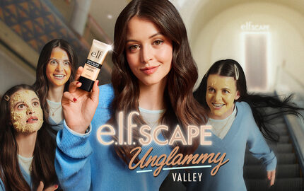 Sara Waisglass holding e.l.f. Soft Glam Satin Foundation in the Unglammy Valley campaign