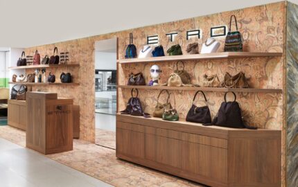 Etro accessories corner at La Rinascente Milano with Paisley walls and handbags