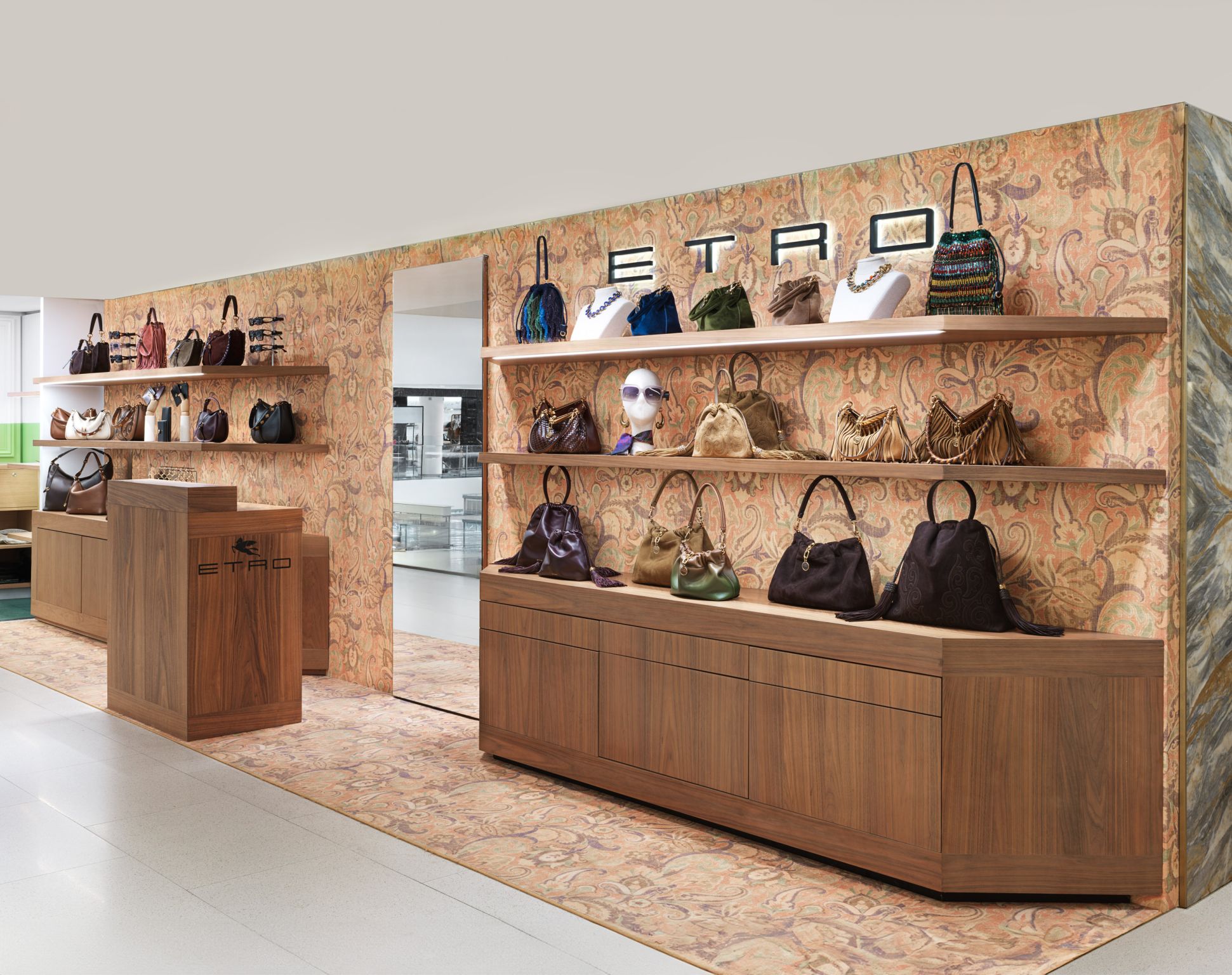 Etro accessories corner at La Rinascente Milano with Paisley walls and handbags