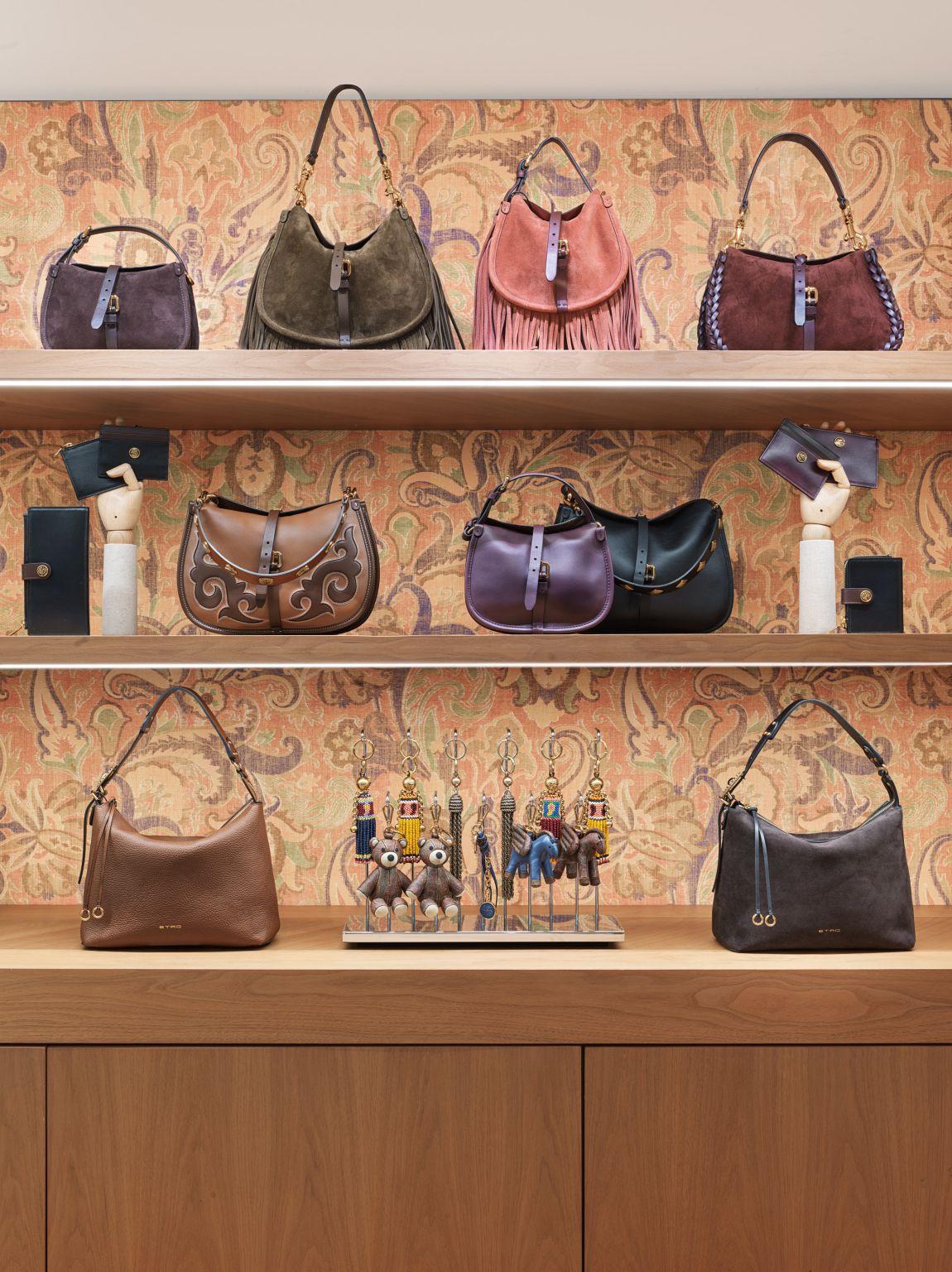 Close view of Etro handbags and accessories at the La Rinascente Milano corner
