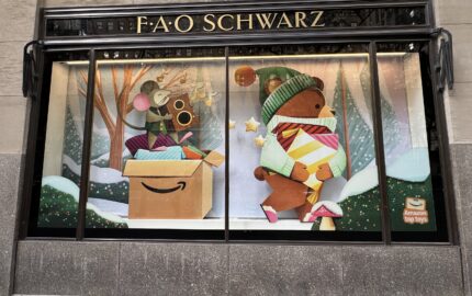 FAO Schwarz Rockefeller Center window display for Amazon storefront launch.