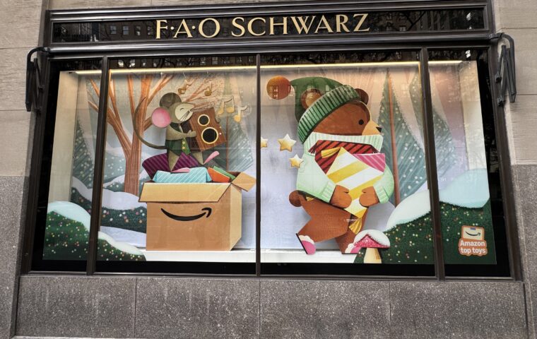 FAO Schwarz Rockefeller Center window display for Amazon storefront launch.
