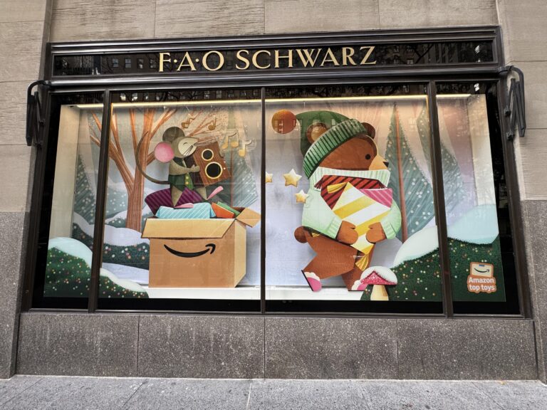 FAO Schwarz Rockefeller Center window display for Amazon storefront launch.