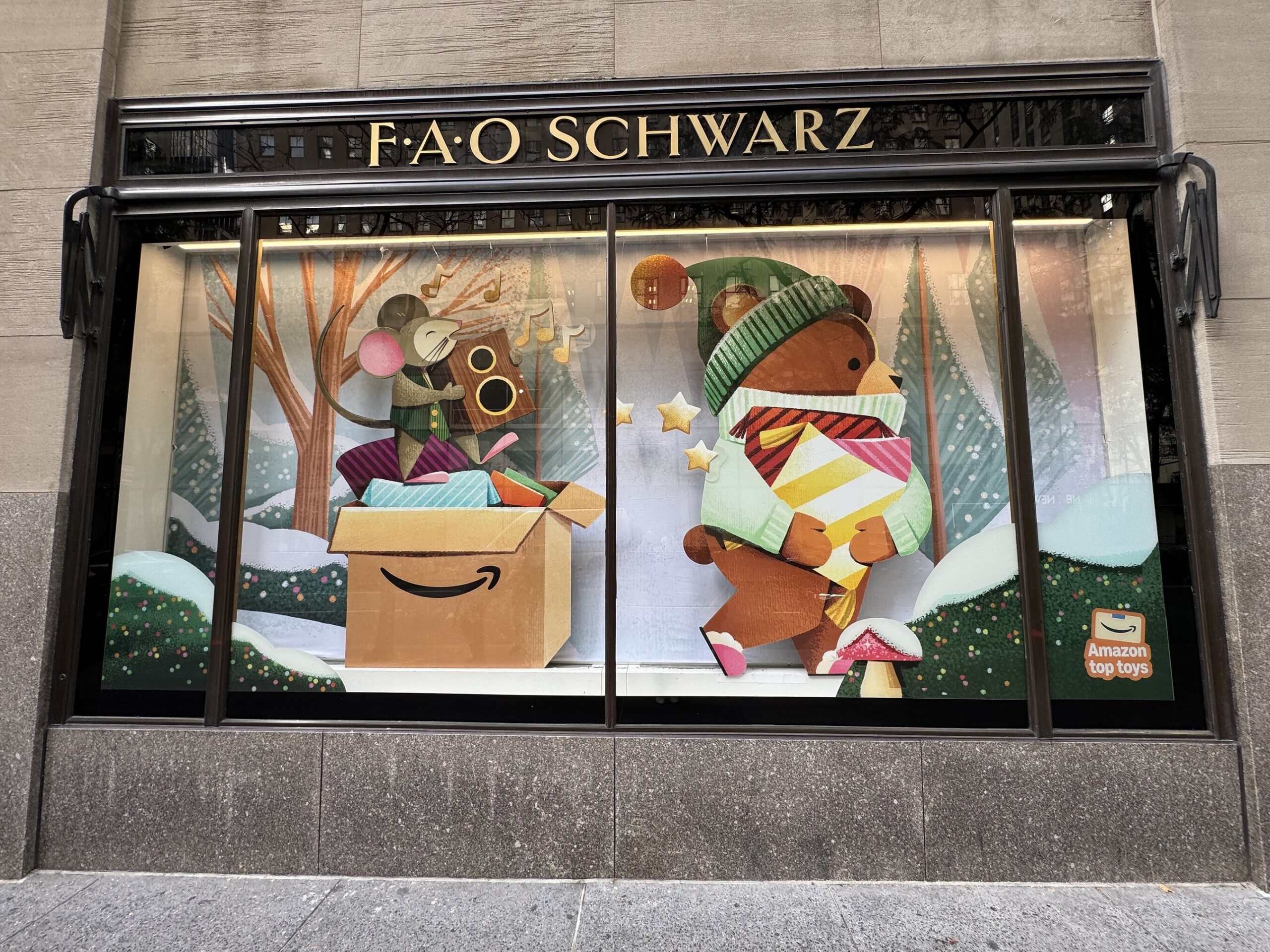 FAO Schwarz Rockefeller Center window display for Amazon storefront launch.