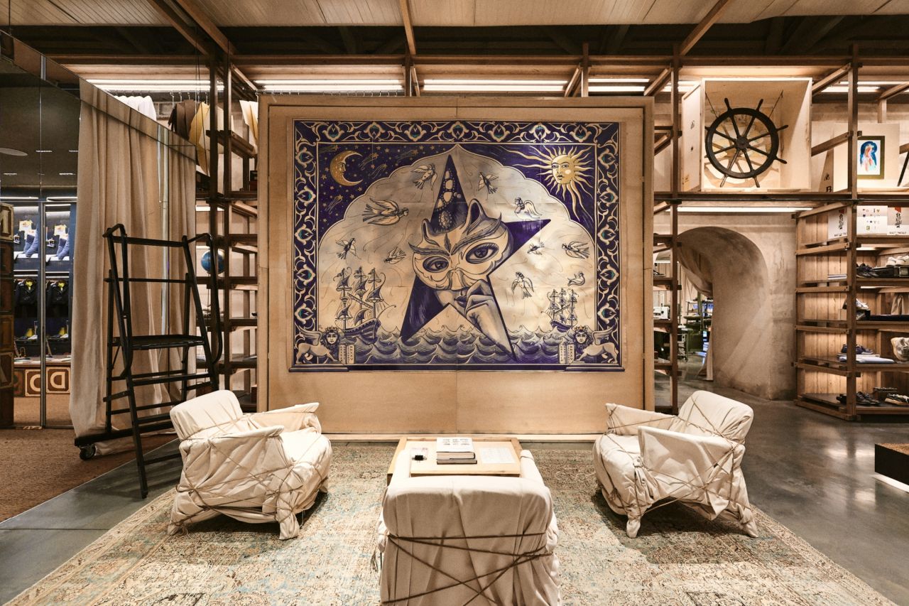 Golden Goose HAUS Istanbul gallery seating in front of the Between Two Shores artwork