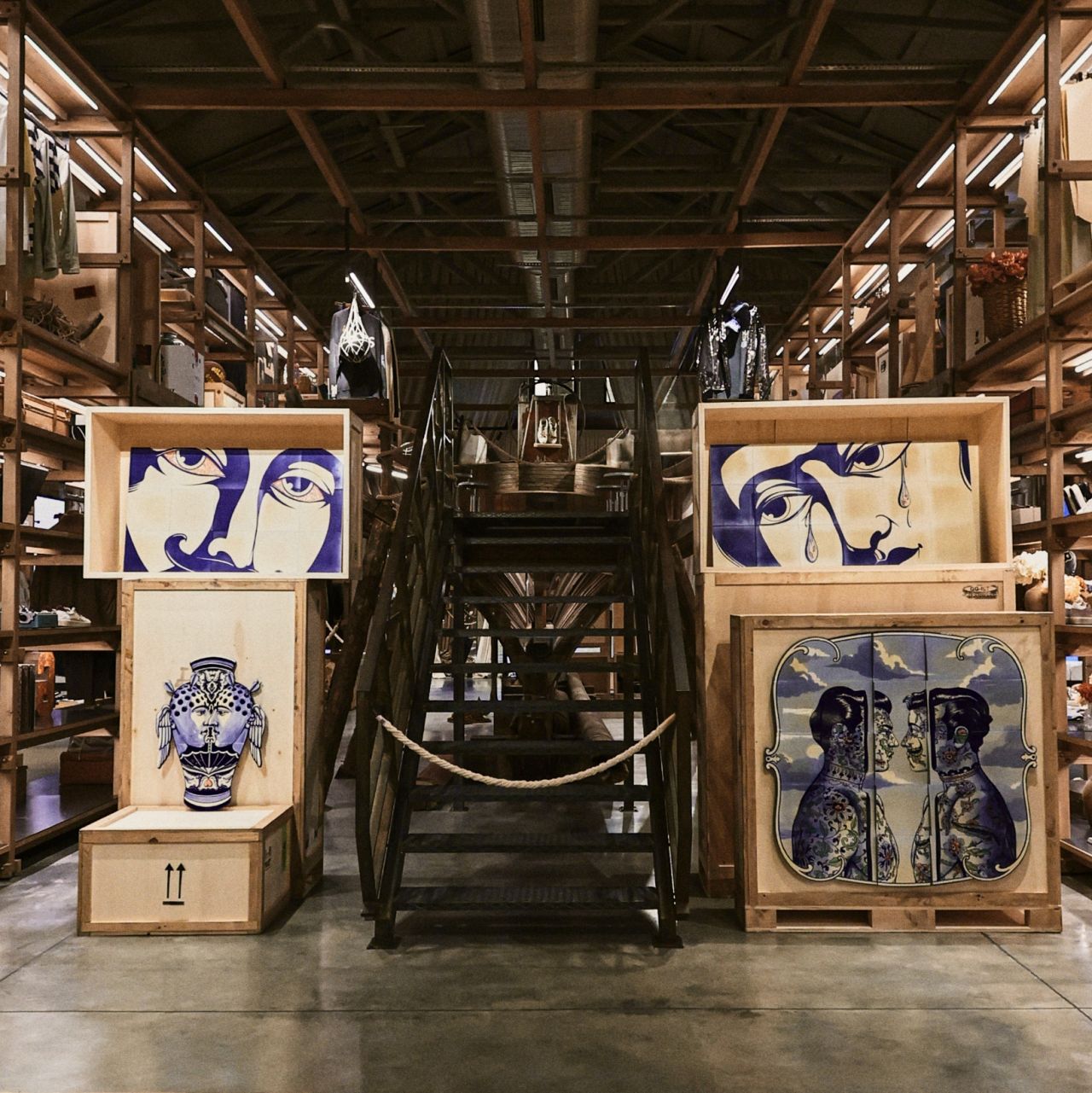 Illustrated artworks displayed alongside the staircase at Golden Goose HAUS Istanbul