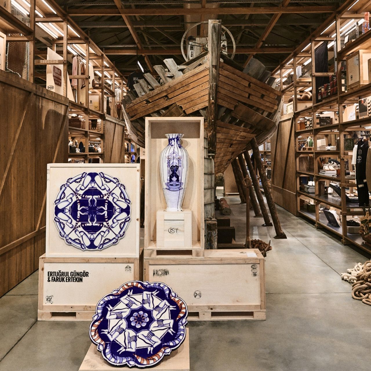 Artworks by Ertuğrul Güngör and Faruk Ertekin displayed beside the HAUS Istanbul shipyard structure