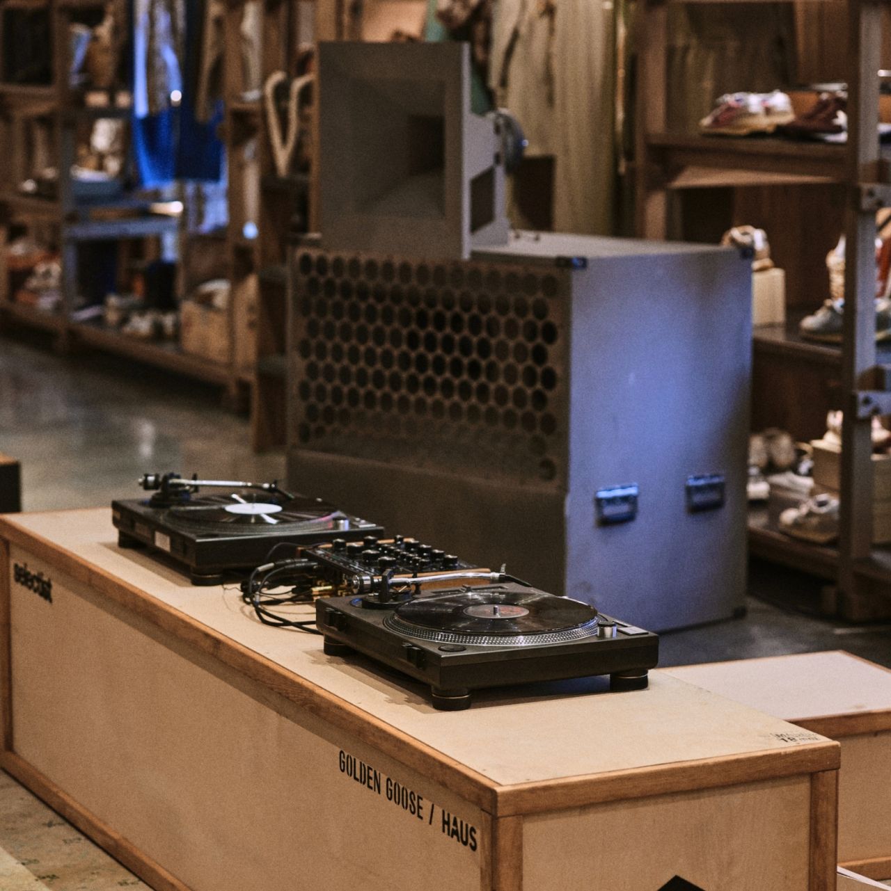 Turntables on a Golden Goose HAUS Istanbul display for the Contemporary Istanbul activation
