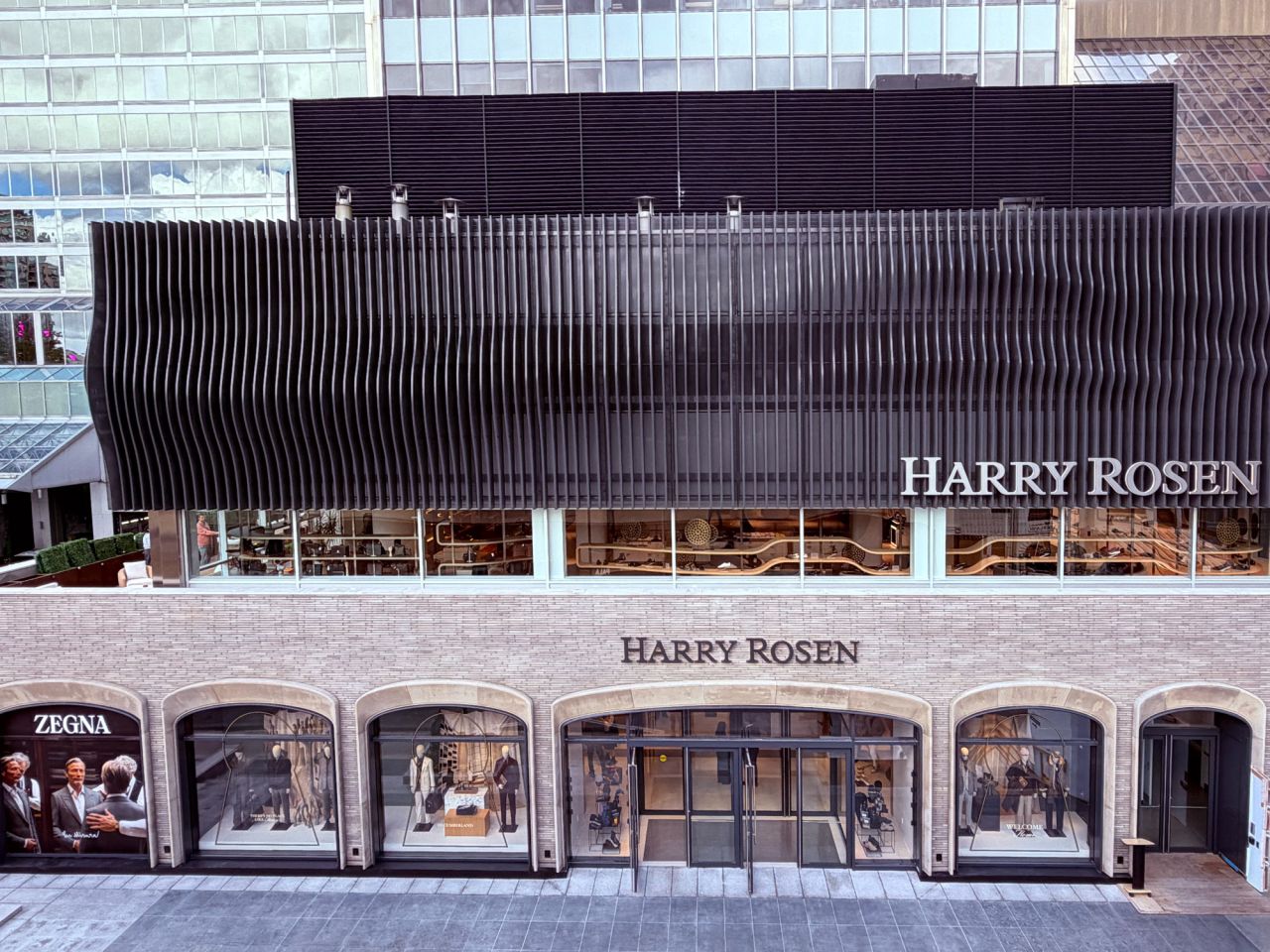 Elevated view of the Harry Rosen flagship facade at 153 Cumberland Street