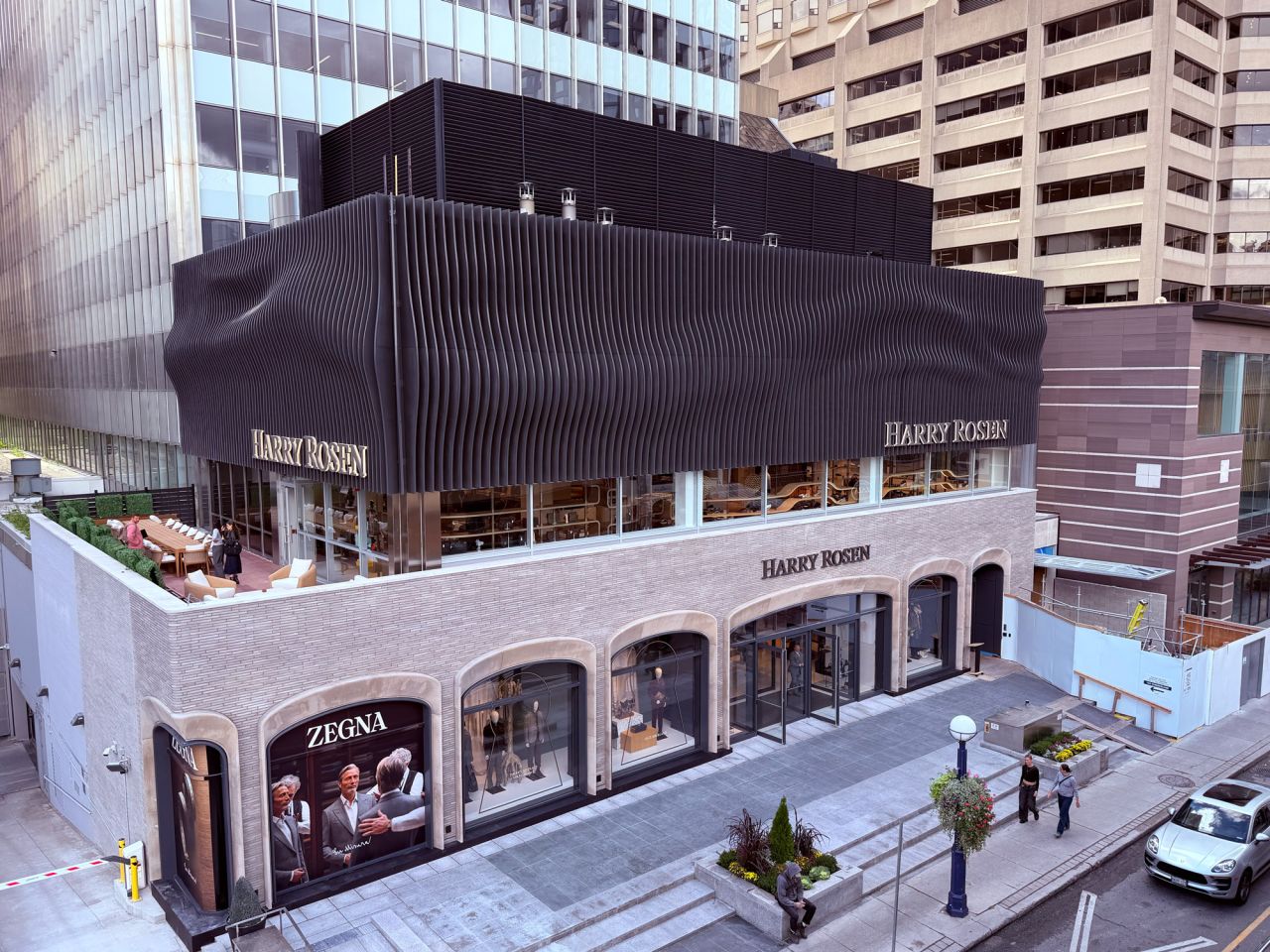 Corner view of the three-level Harry Rosen flagship in Toronto