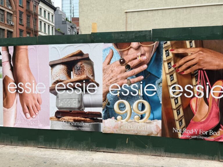 essie outdoor campaign panels showing Ballet Slippers, Marshmallow, Birthday Girl and Not Red-Y For Bed