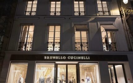 Brunello Cucinelli flagship facade and illuminated windows on Rue Saint-Honoré