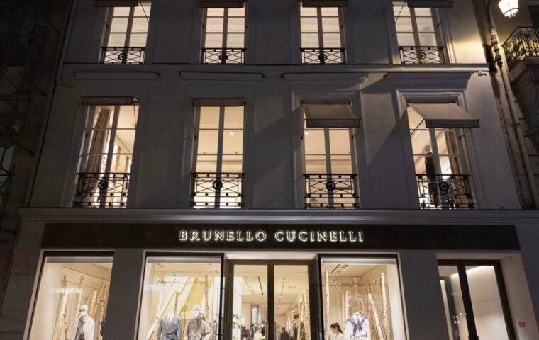 Brunello Cucinelli flagship facade and illuminated windows on Rue Saint-Honoré